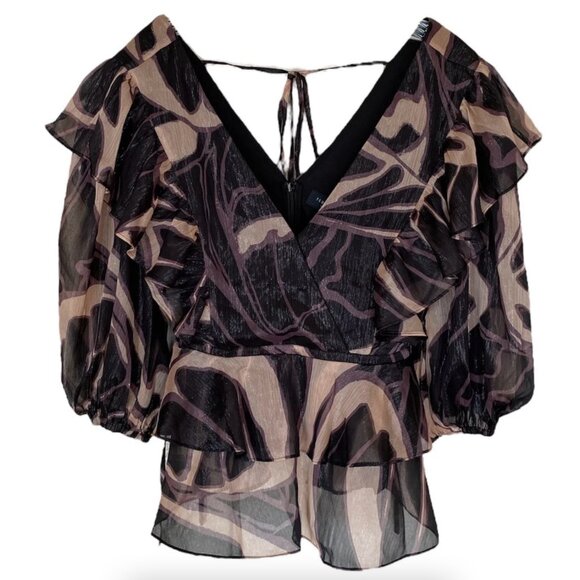 TED BAKER LONDON Jasmyna Metallic Purple/Black Ruffle Shimmer Top Medium - Picture 3 of 7